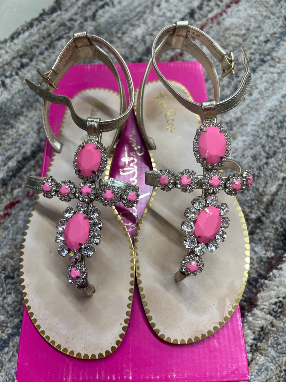 Lilly Pulitzer Gold T-Strap Sandals with Pink Jewel Accents